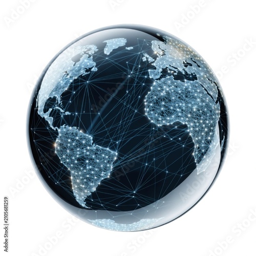 Illuminated glass sphere showcasing a web of interconnected network points symbolizing worldwide connectivity and advanced technology in a contemporary digital landscape