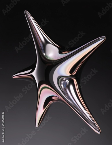 A shiny chrome star shape hovers in a retro futuristic setting featuring a reflective surface that enhances its modern aesthetic and captivating visual appeal