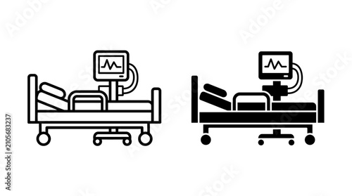 Set of medical hospital bed icons with patient monitoring equipment.