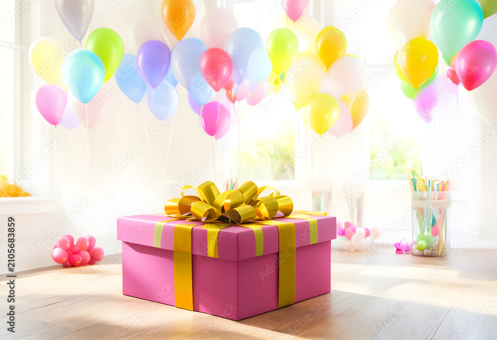 Fototapeta premium Pink birthday gift box with golden ribbon and balloons indoors