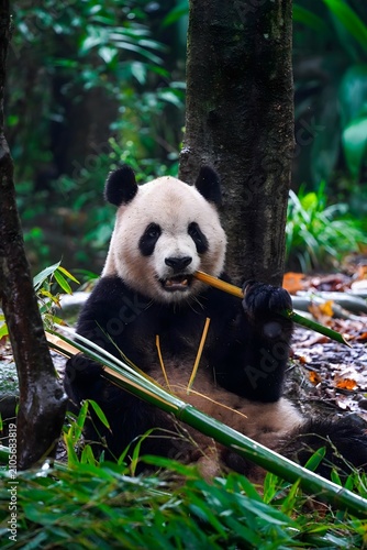 Giant panda eating bamboo in a lush forest