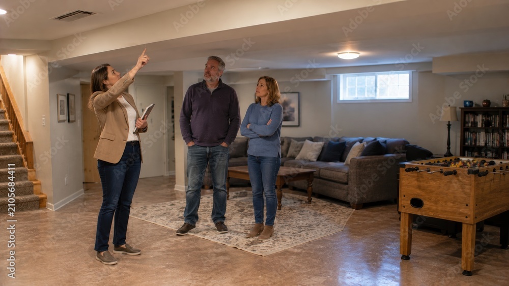 Fototapeta premium A professional female consultant points to the ceiling while discussing home renovation plans with a couple in their finished basement.