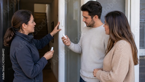 A professional consultant explains the installation and use of a smart home door security sensor to a young couple at their house entrance.