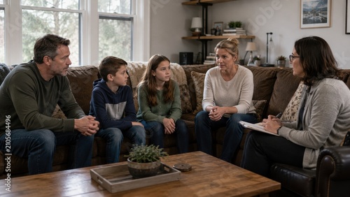 A family of four sits on a living room couch during an in-home consultation with a professional woman taking notes.
