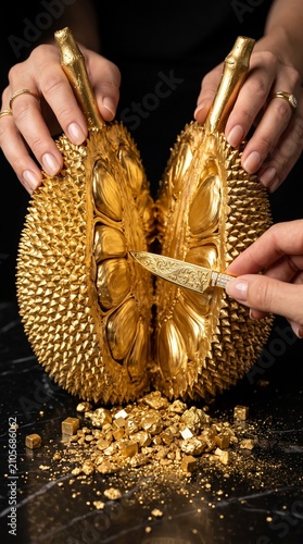 Close up of hands cutting an expensive golden durian fruit with a luxury ornate knife on a black marble table scattered with gold nuggets.