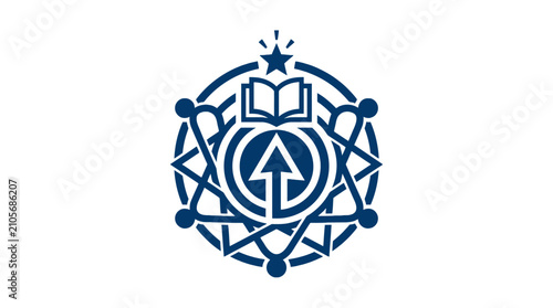 Academic knowledge shield icon with book and arrow.