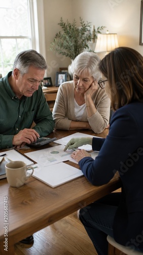 A senior couple reviews financial documents with a professional advisor during an in-home consultation at a wooden table.