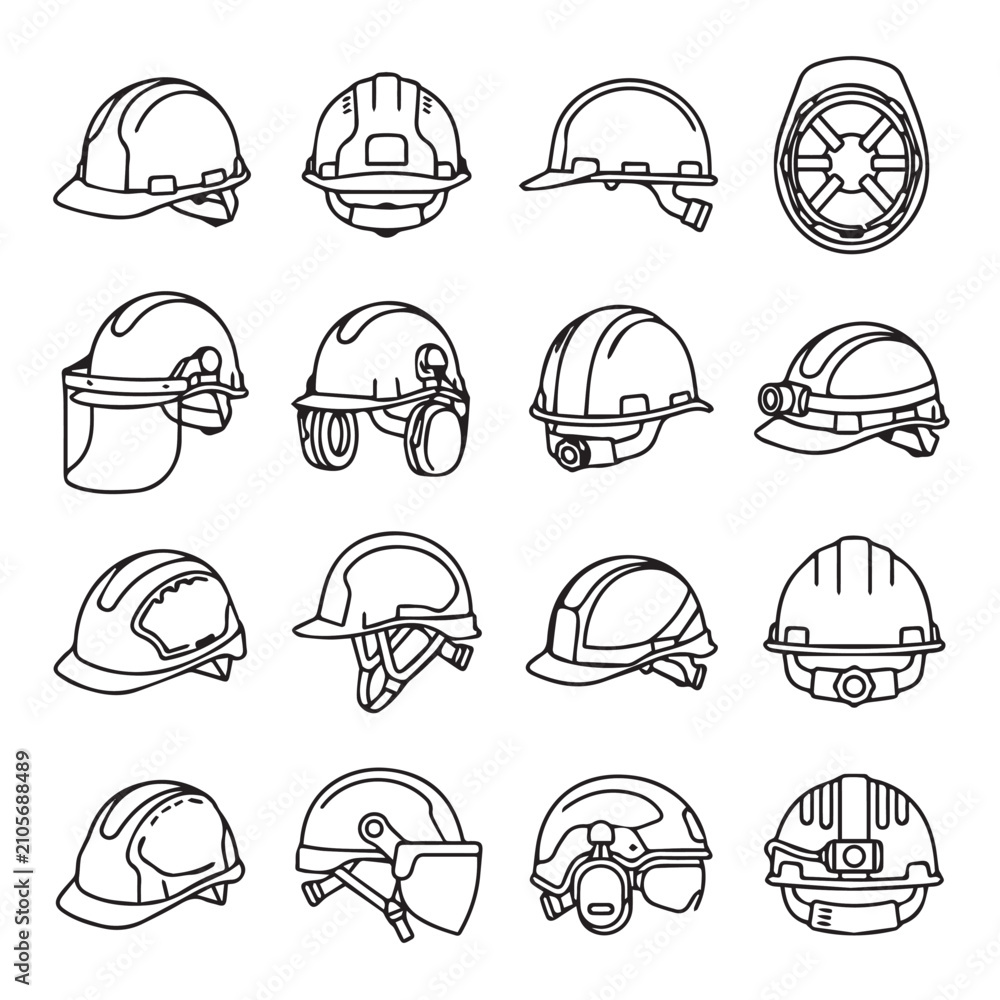 Fototapeta premium Assortment of industrial safety helmets in line art style against a white background for construction or manufacturing concepts