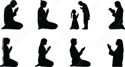 Tableau sur toile Prayer and Worship People Silhouette Collection Set with Kneeling Believers, Fam