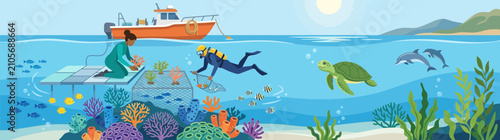 Quadro su tela Marine Biologists Restoring Coral Reef Ecosystem