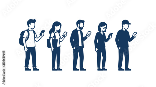 Canvastavla Diverse people standing in line using smartphones