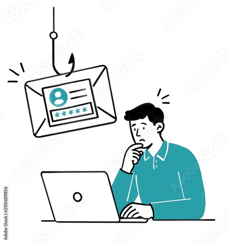 Cartoon pass phishing awareness artwork with laptop user and envelope hook, exclamation mark symbol for cybersecurity education projects