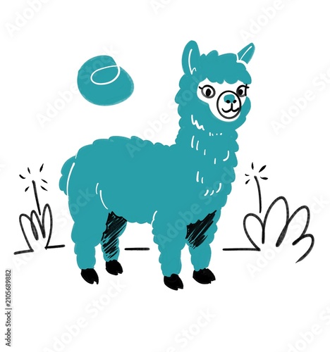 Cheerful teal alpaca with fluffy body and playful plants, minimalist cartoon illustration with teal circle accent for creative use