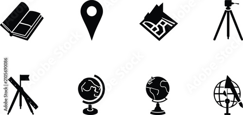 Konstfotografi Geography and Cartography Black Silhouette Collection with Map Book Globe Locati