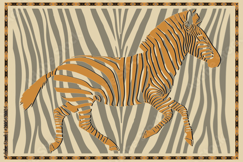 Decorative African-style rug featuring a stylized zebra with elegant stripe patterns and a traditional tribal geometric border. Inspired by African safari wildlife, ethnic textile art, and contemporar