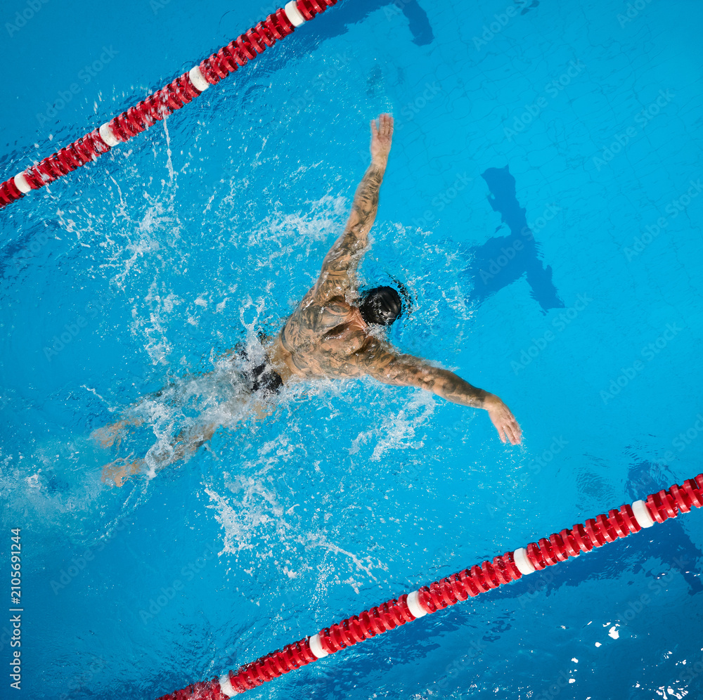 Fototapeta premium Top view of tattooed male swimmer performing butterfly stroke in pool lane with dynamic splash. Concept of fitness lifestyle, perseverance, discipline, health, active living and goal achievement