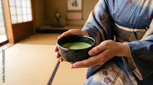 Japanese woman in kimono serving matcha green tea in traditional room