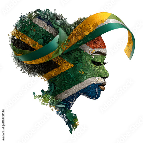 South African Woman Silhouette with Flag Colors and Nature Elements, Abstract Portrait