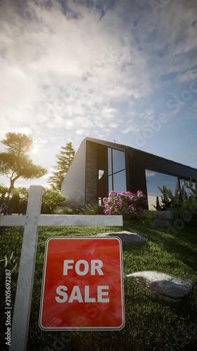 Modern Scandinavian House for Sale with Real Estate Sign – Luxury Home Exterior, Cinematic 3D Vertical Video
