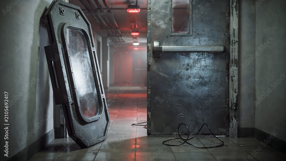 Fototapeta premium Mysterious industrial corridor with a partially open emergency escape door and flickering ceiling lights