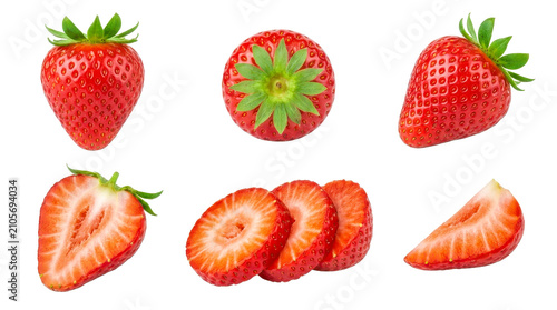 Fresh organic red strawberries captured in whole pieces and sliced segments shown from various angles isolated on transparent background