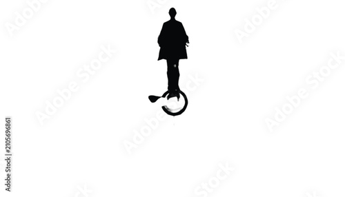 Unicyclist silhouette performs a balancing act on a single wheel against a clean white background, representing the challenge of maintaining perfect equilibrium in a demanding and fast-paced.
