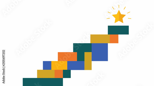 Colorful geometric stairs leading to a shining star symbolizing success and achievement