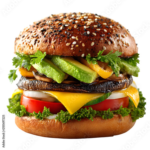 Gourmet vegetarian burger with avocado, grilled portobello, and fresh vegetables on a sesame seed bun, isolated on white background.