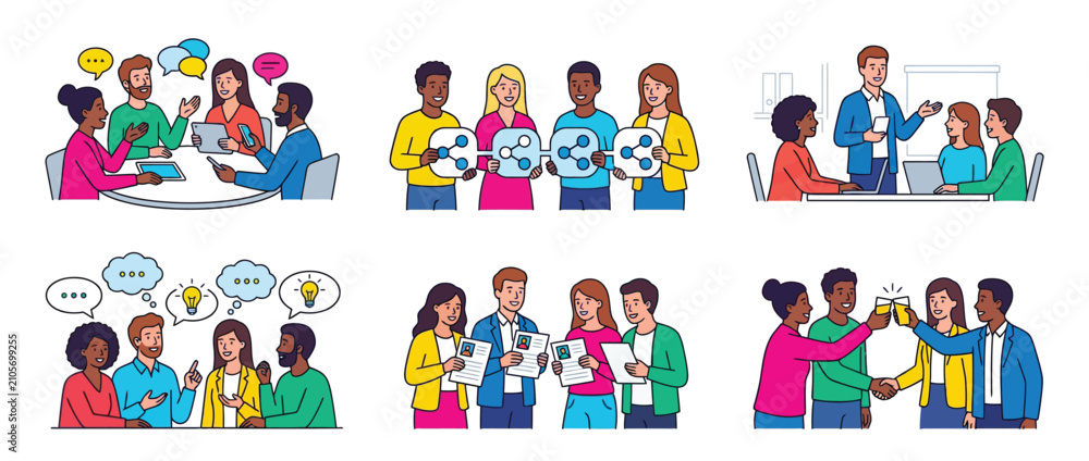 Fototapeta premium Set of Illustrations Featuring People Working Together on Business Projects