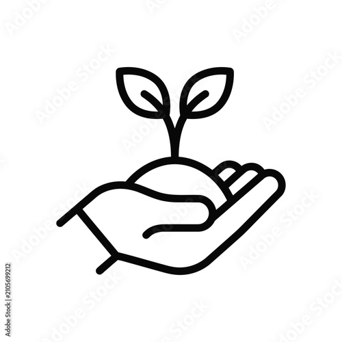 Hand holding a small plant sprout. Eco friendly icon representing growth and nature.