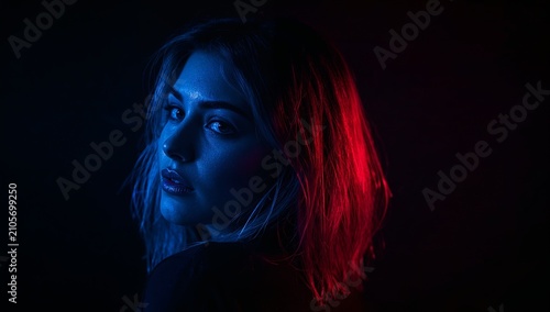 Posing woman looking over shoulder in studio, with blue key light, red rim lighting, dark top
