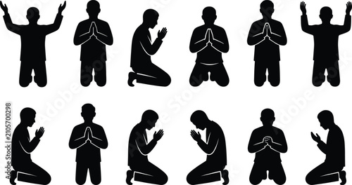Fotografie Man praying silhouette vector illustration set, kneeling in deep prayer position