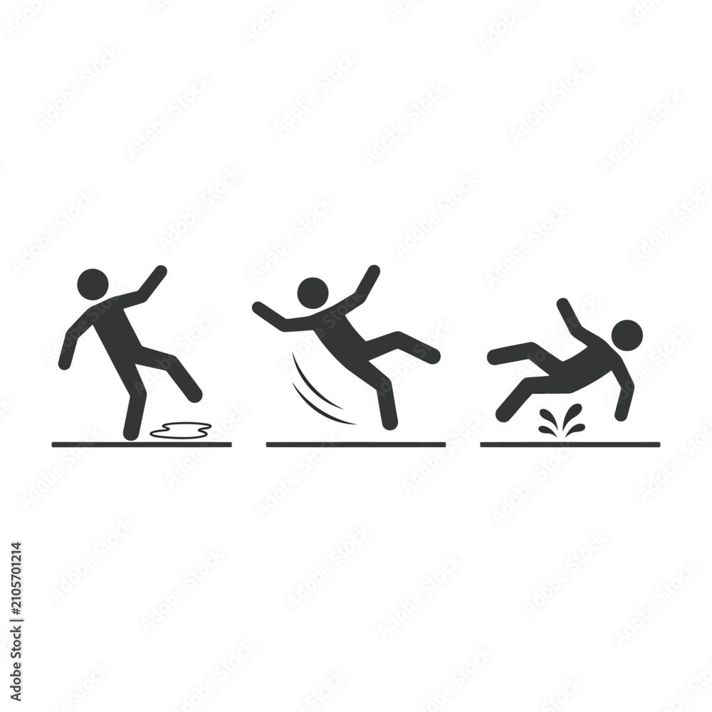 Obraz premium Person slipping on wet floor icon set. Caution sign showing fall hazard and accident risk.