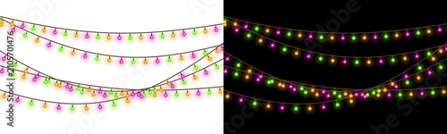 Colorful string lights arranged in wavy lines a decorative element on transparent background fairy holiday festival illuminated glowing