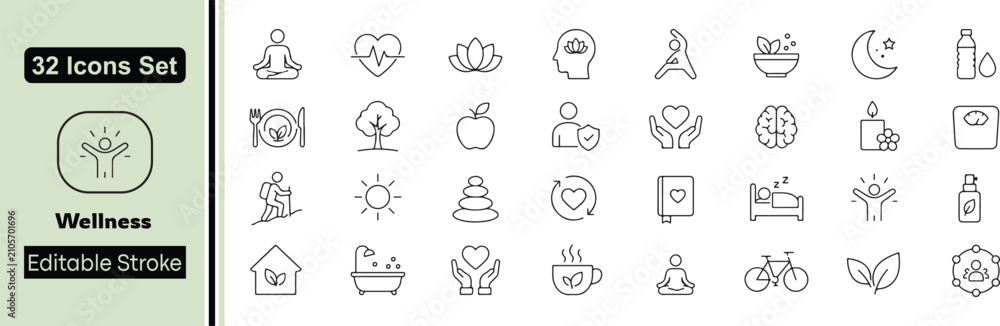 Fototapeta premium Wellness and Holistic Health Line Icons Set - 32 Editable Stroke Mental Well-being, Self Care, and Healthy Lifestyle Vector Elements
