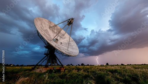 A large satellite dish standing in a grassy field under a dramatic stormy sky with a distant lightning bolt strike, representing deep space communication, astronomy, and weather monitoring.