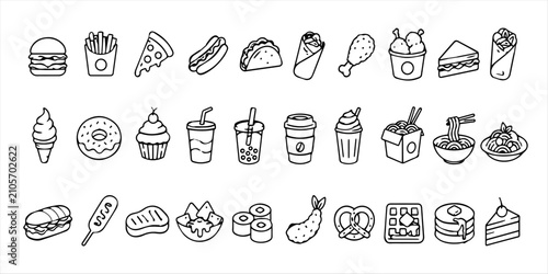 Fotografie Vector line art 30 Fist Food I con