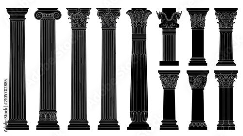 Bild auf Leinwand Collection of Ancient Architectural Columns Silhouette