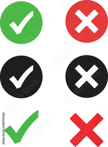 Set of colorful check mark and cross mark icons for validation and error signs