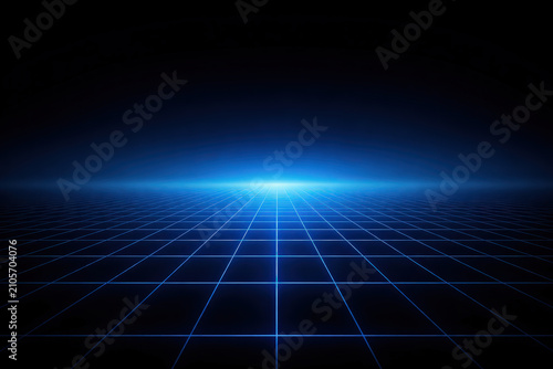 Retro grid horizon with neon blue lines and glowing center for cyber background and banner design