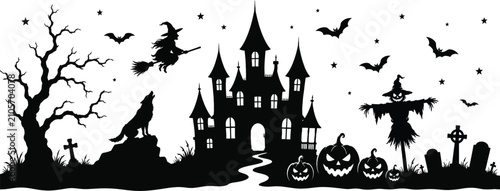 Foto Spooky halloween scene with castle witch werewolf and jack o' lanterns black sil