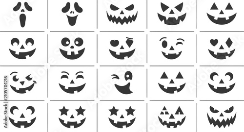 Diverse collection of 20 black silhouette jack o' lantern faces for halloween designs and decorations