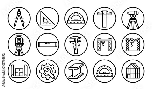 Clean line art generic architectural tool emblem vector set with classic bold engineering badge retro compass unbranded t-square ruler blueprint studio and sweet construction graphics for apparel