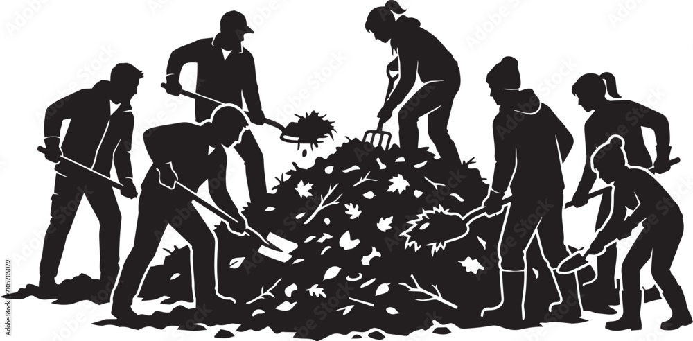 Obraz premium Community volunteers cleaning autumn leaves silhouette, group of people working with shovels and rakes, environmental cleanup vector illustration