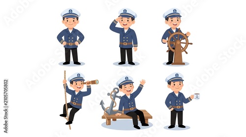 Friendly cartoon ship captain character set showing various maritime activities including steering, saluting, climbing rope, looking through spyglass, waving, and enjoying coffee.