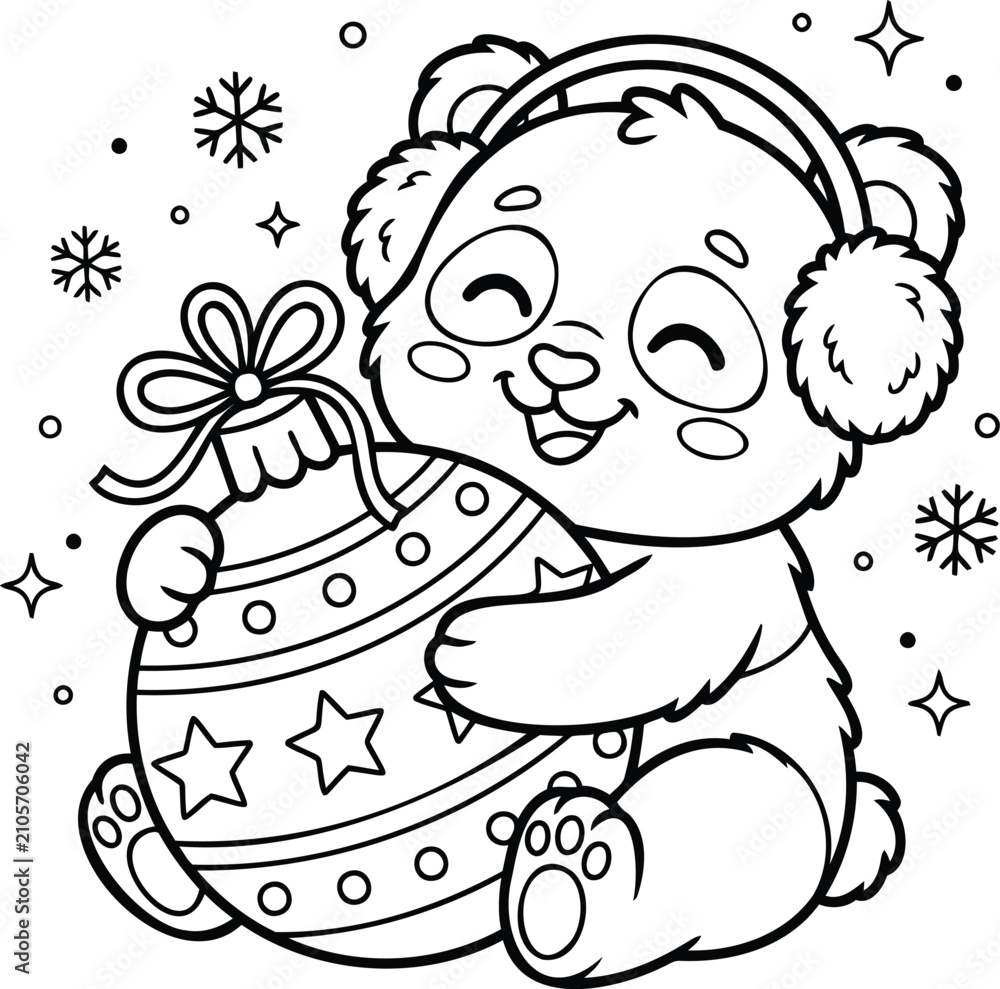 Fototapeta premium Cute cartoon panda bear hugging a festive christmas ornament with snowflakes and stars holiday decoration