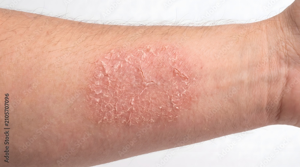 Fototapeta premium Close-up of dry, irritated skin with red itchy patch on human arm, showing signs of eczema, psoriasis, or allergic dermatitis reaction. AI generated. 