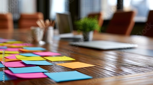 Colorful sticky notes clutter a wooden table in a blurred modern meeting room
