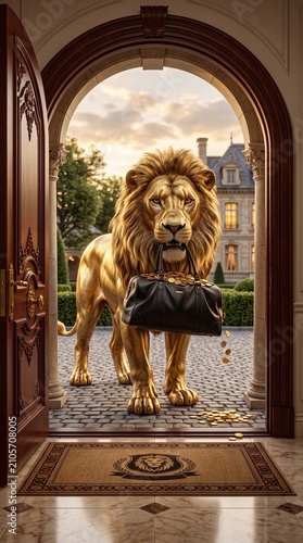 Majestic golden lion statue standing in a grand mansion doorway holding a leather duffel bag full of gold coins with some spilling onto the cobblestones.