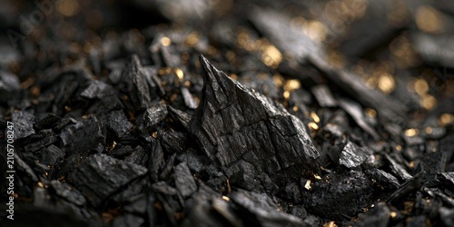 Close-up of jagged black rock shards studded with tiny golden flecks